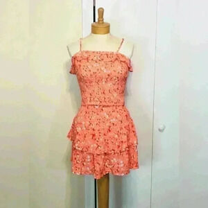 Pink Women Rose Coral Floral Smocked Spaghetti Strap Top Tiered Skirt Medium NWT